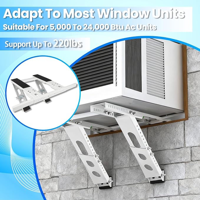 No-Drill Window AC Bracket, Heavy Duty Adjustable Air Conditioner Support for Single & Double Hung Windows, Fits 5,000–24,000