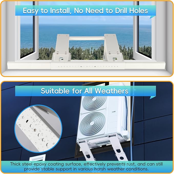 No-Drill Window AC Bracket, Heavy Duty Adjustable Air Conditioner Support for Single & Double Hung Windows, Fits 5,000–24,000