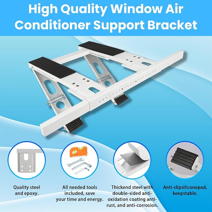 No-Drill Window AC Bracket, Heavy Duty Adjustable Air Conditioner Support for Single & Double Hung Windows, Fits 5,000–24,000
