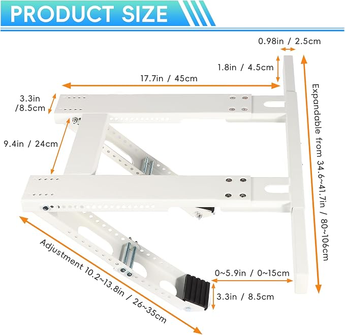 No-Drill Window AC Bracket, Heavy Duty Adjustable Air Conditioner Support for Single & Double Hung Windows, Fits 5,000–24,000