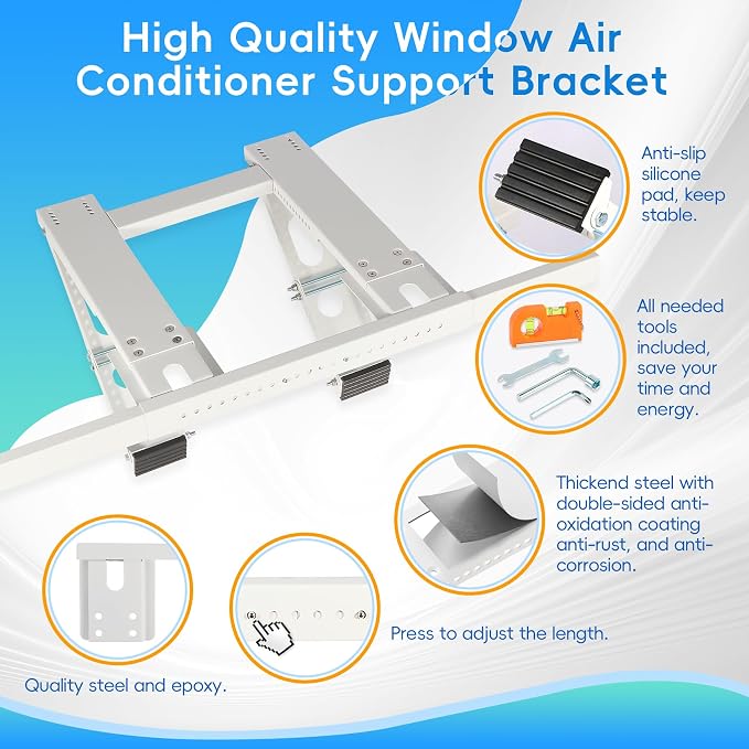 No-Drill Window AC Bracket, Heavy Duty Adjustable Air Conditioner Support for Single & Double Hung Windows, Fits 5,000–24,000