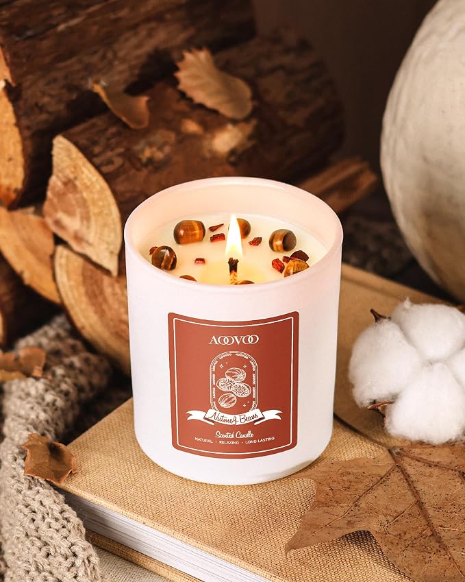 Nutmeg Beans Scented Candles for Women - Aromatherapy Candle with Crystals Inside, 10oz Soy Candles for Home Scented