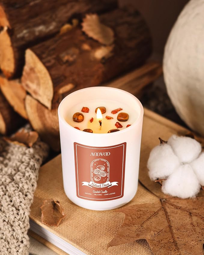 Nutmeg Beans Scented Candles for Women - Aromatherapy Candle with Crystals Inside, 7oz Soy Candles for Home Scented