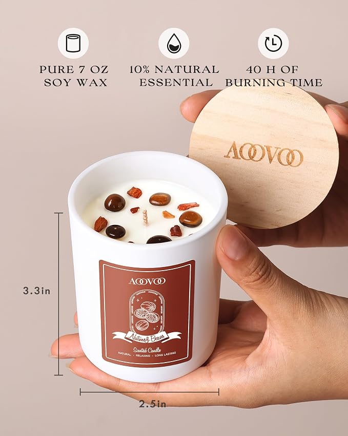 Nutmeg Beans Scented Candles for Women - Aromatherapy Candle with Crystals Inside, 7oz Soy Candles for Home Scented