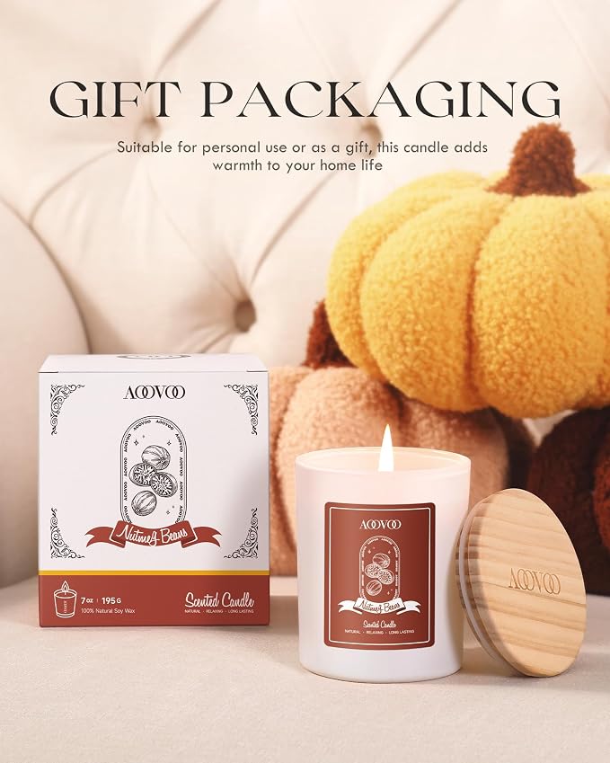Nutmeg Beans Scented Candles for Women - Aromatherapy Candle with Crystals Inside, 7oz Soy Candles for Home Scented