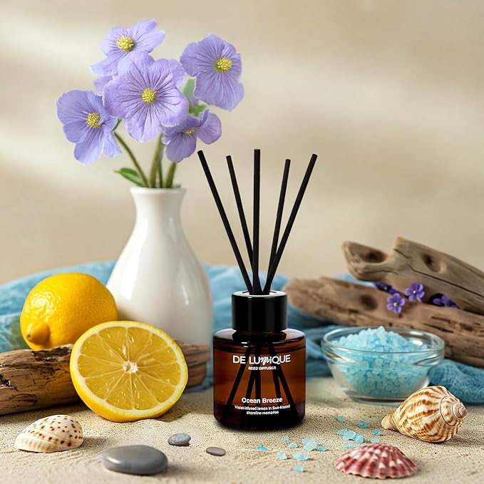 Ocean Breeze Reed Diffusers for Home – Aroma Diffuser with Violet, Lemon, Sea Salt & Lavender – Long Lasting Scented Home