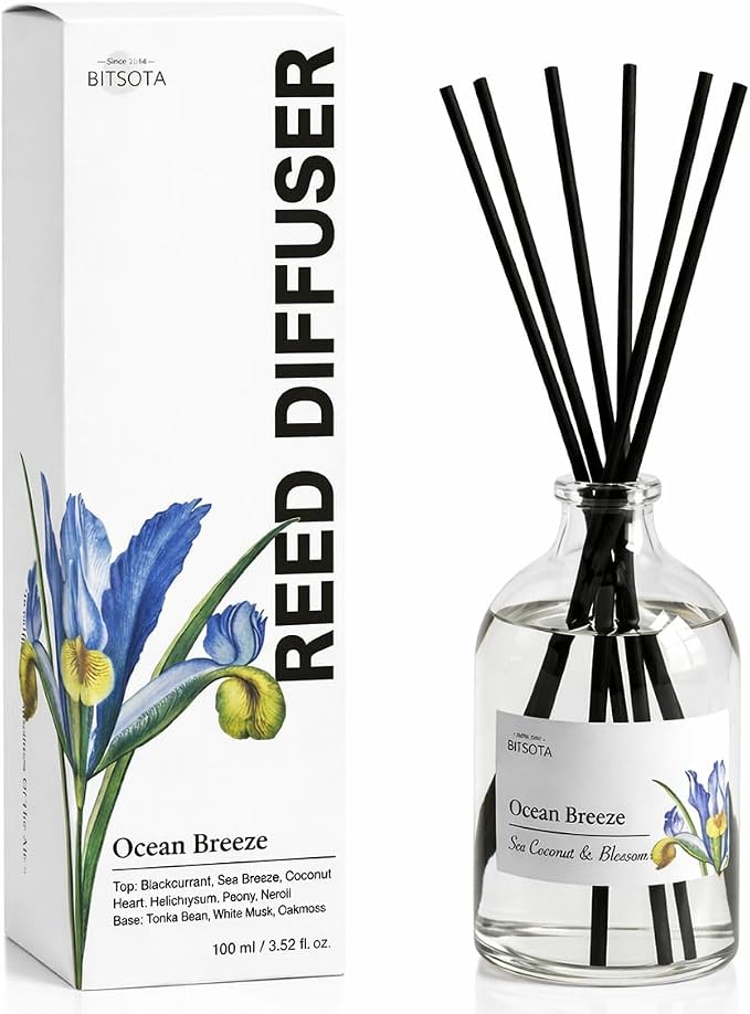 Ocean Breezes Reed Diffuser Set for Bathroom & Home, Long Lasting Essential Oil Aroma, Glass Bottle Home Fragrance with