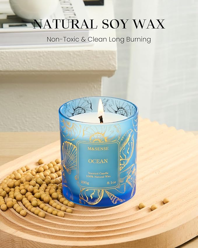 Ocean Scented Candles,Vegan Soy Candles,8.1oz 42-Hour Slow Burning Time,No Toxin Subtle Scented Home Fragrance for Summer