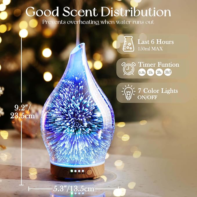 Oil Diffuser 3D Glass Aromatherapy Ultrasonic Humidifier, Air Refresh Auto Shut-Off, Timer Setting, alternate product view 3
