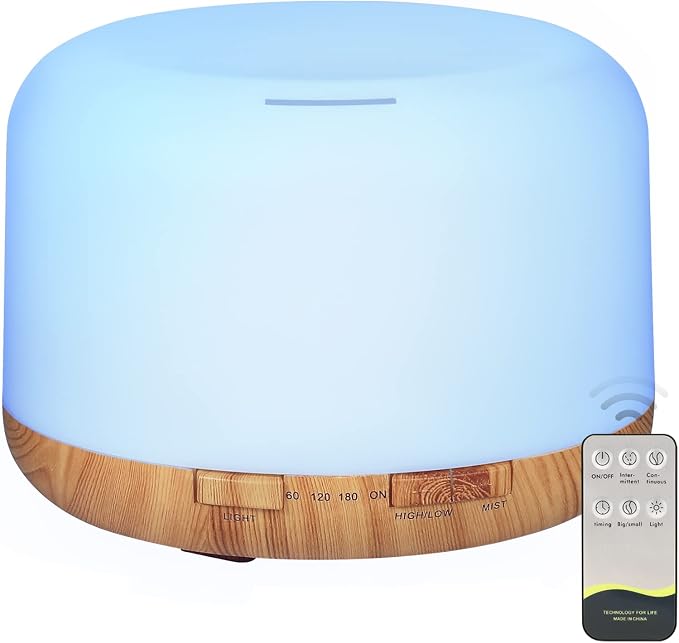 Oil Diffuser, 500ml Essential Oil Diffusers with 2 Mist Mode 4 Timers&7 Ambient Light Waterless Auto Off, Diffusers Large