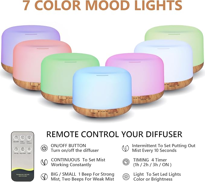 Oil Diffuser, 500ml Essential Oil Diffusers with 2 Mist Mode 4 Timers&7 Ambient Light Waterless Auto Off, Diffusers Large
