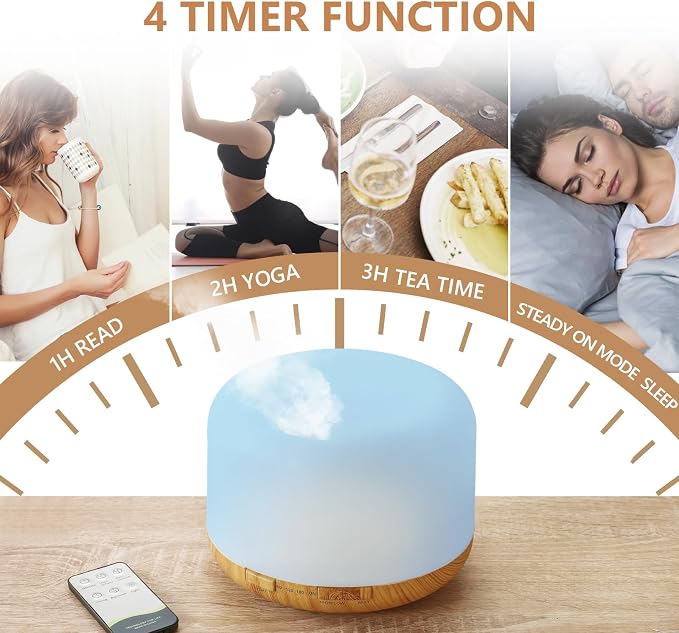 Oil Diffuser, 500ml Essential Oil Diffusers with 2 Mist Mode 4 Timers&7 Ambient Light Waterless Auto Off, Diffusers Large