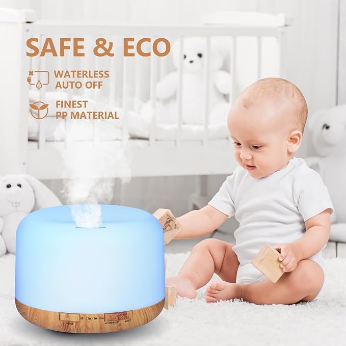 Oil Diffuser, 500ml Essential Oil Diffusers with 2 Mist Mode 4 Timers&7 Ambient Light Waterless Auto Off, Diffusers Large