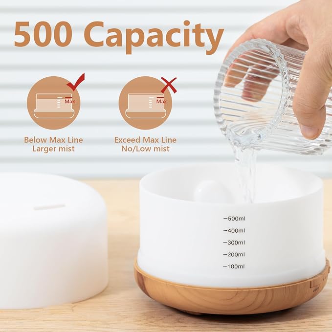 Oil Diffuser, 500ml Essential Oil Diffusers with 2 Mist Mode 4 Timers&7 Ambient Light Waterless Auto Off, Diffusers Large