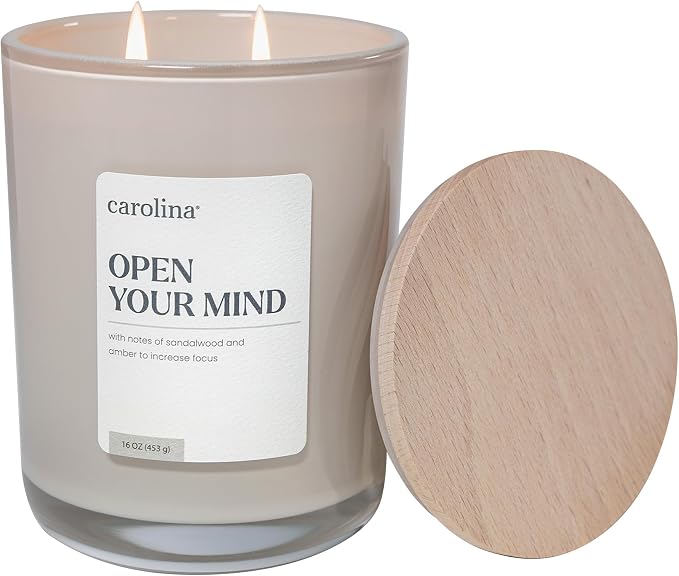 Open Your Mind Scented Candle, 16 oz Sandalwood & Amber Scented, 2 Wick comfort Relaxing Candle, 60H Burn Time, product image