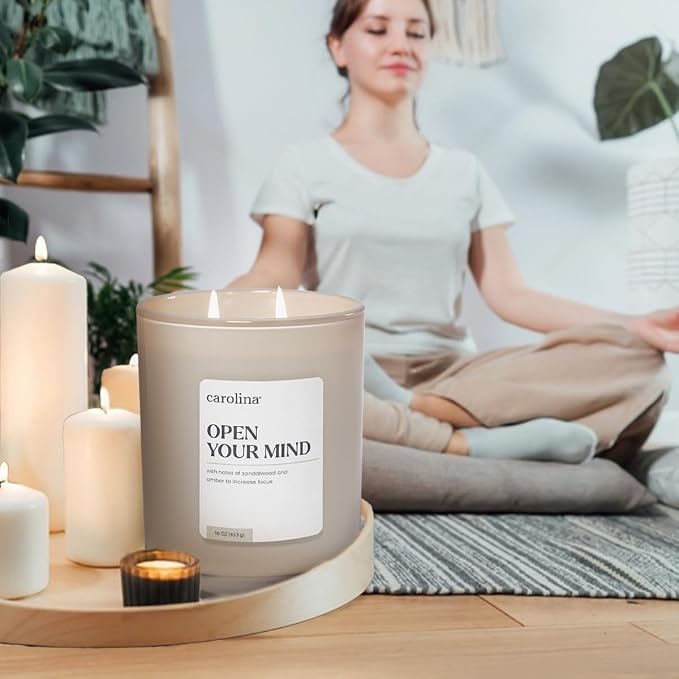 Open Your Mind Scented Candle, 16 oz Sandalwood & Amber Scented, 2 Wick comfort Relaxing Candle, 60H Burn Time, alternate