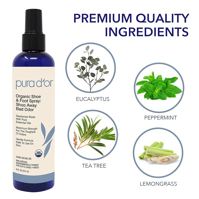 Organic Shoe & Foot Odor Eliminator Spray (8oz) Deodorizes & Removes Bad Smells with Eucalyptus, Peppermint, Tea Tree