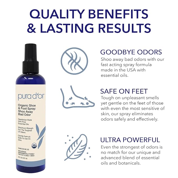 Organic Shoe & Foot Odor Eliminator Spray (8oz) Deodorizes & Removes Bad Smells with Eucalyptus, Peppermint, Tea Tree