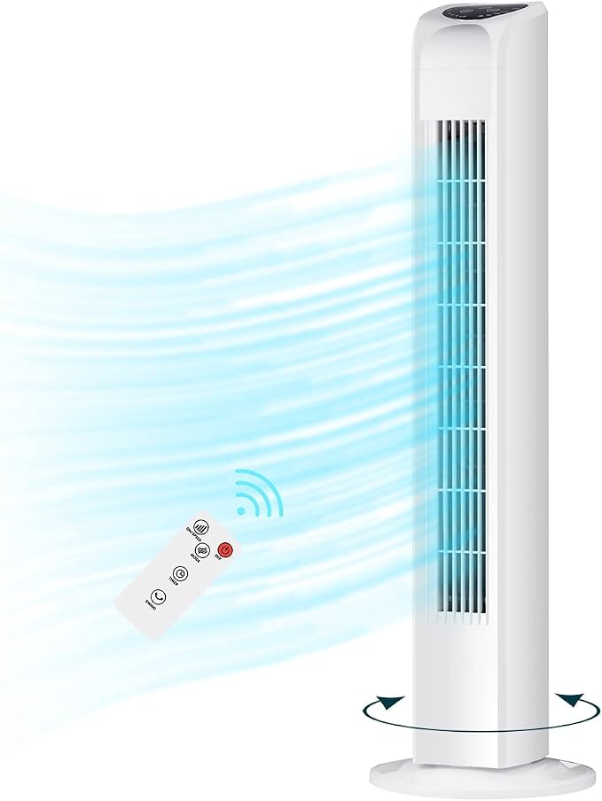 Oscillating Bladeless Tower Fan with Remote, Quiet Cooling Portable, Electric Standing Floor Fan with 3 Wind Speeds 3 Modes