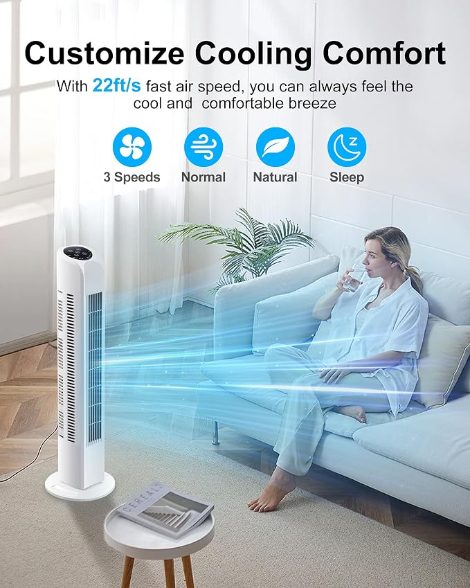 Oscillating Bladeless Tower Fan with Remote, Quiet Cooling Portable, Electric Standing Floor Fan with 3 Wind Speeds 3 Modes