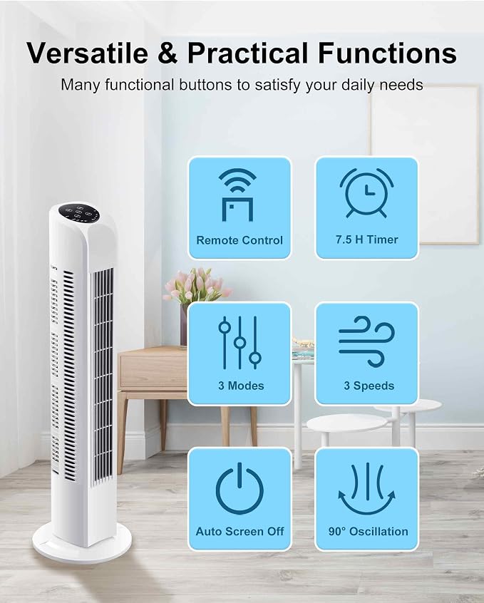Oscillating Bladeless Tower Fan with Remote, Quiet Cooling Portable, Electric Standing Floor Fan with 3 Wind Speeds 3 Modes