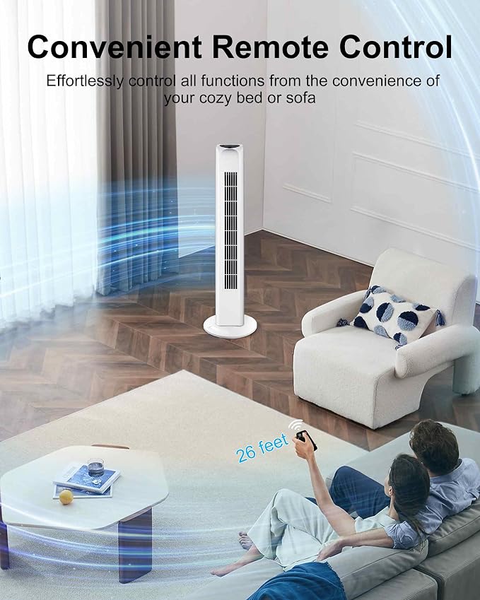 Oscillating Bladeless Tower Fan with Remote, Quiet Cooling Portable, Electric Standing Floor Fan with 3 Wind Speeds 3 Modes