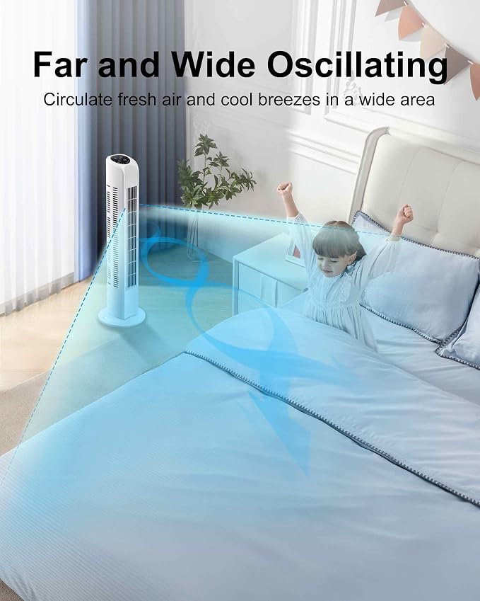 Oscillating Bladeless Tower Fan with Remote, Quiet Cooling Portable, Electric Standing Floor Fan with 3 Wind Speeds 3 Modes