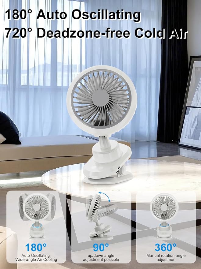 Oscillating Desk Clip on Fan Rechargeable (10000mAh),Small USB Personal Fans,6-Inch Portable Quiet,5-Speed Strong Wind,Sturdy