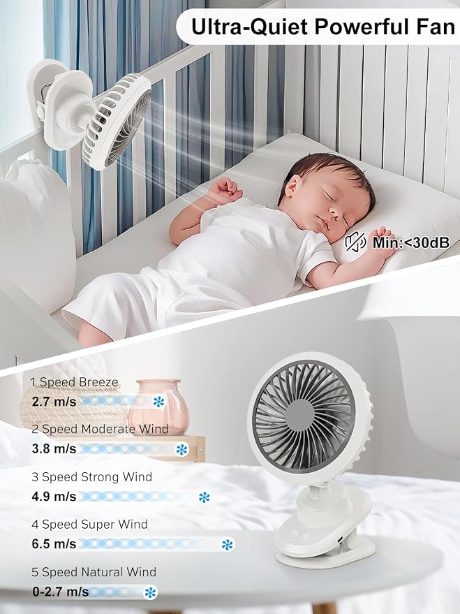 Oscillating Desk Clip on Fan Rechargeable (10000mAh),Small USB Personal Fans,6-Inch Portable Quiet,5-Speed Strong Wind,Sturdy