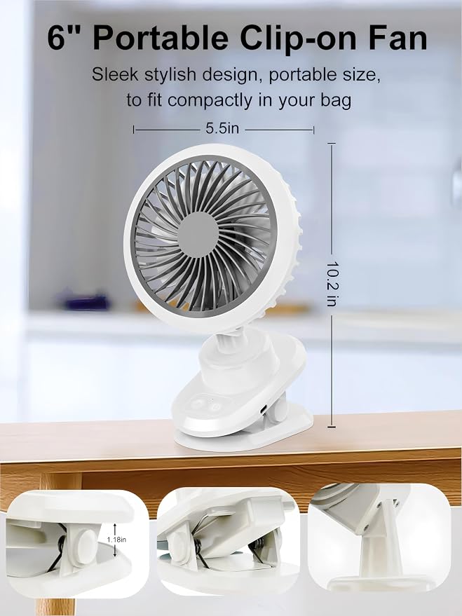 Oscillating Desk Clip on Fan Rechargeable (10000mAh),Small USB Personal Fans,6-Inch Portable Quiet,5-Speed Strong Wind,Sturdy