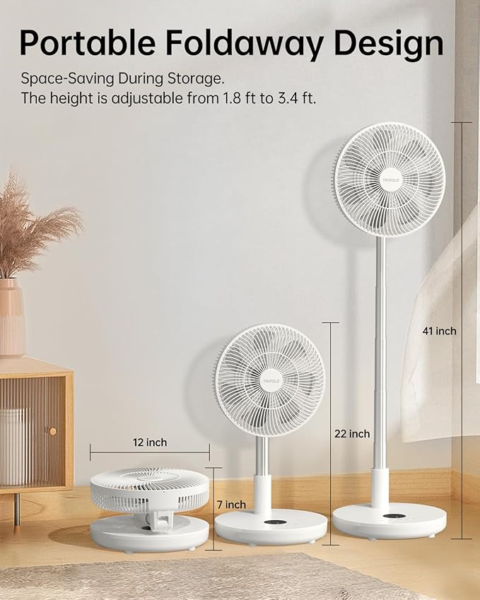 Oscillating Fan Portable Quiet Standing Fan with Remote, 12" Rechargeable Pedestal Fans for Bedroom Office, Foldable Battery