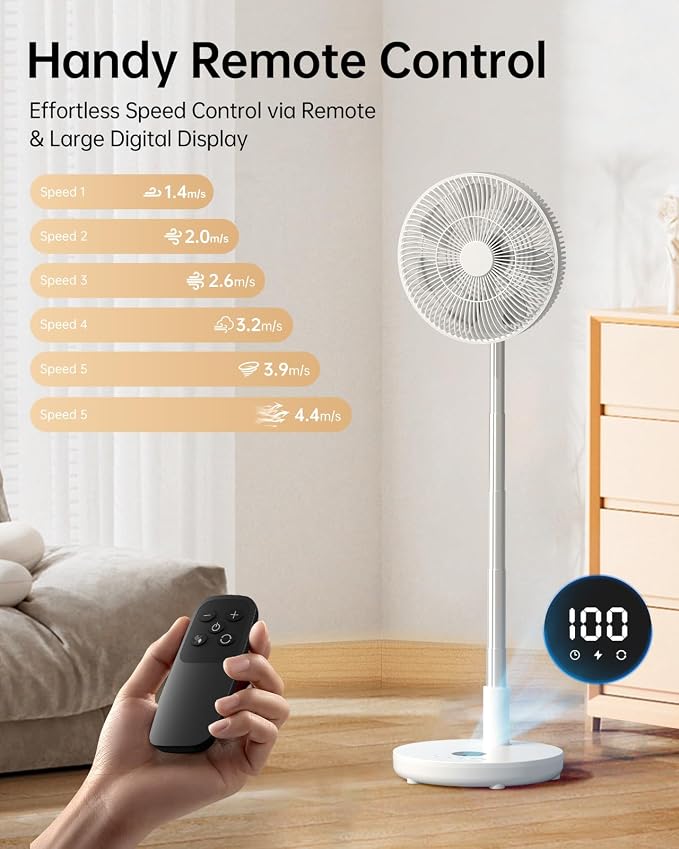 Oscillating Fan Portable Quiet Standing Fan with Remote, 12" Rechargeable Pedestal Fans for Bedroom Office, Foldable Battery