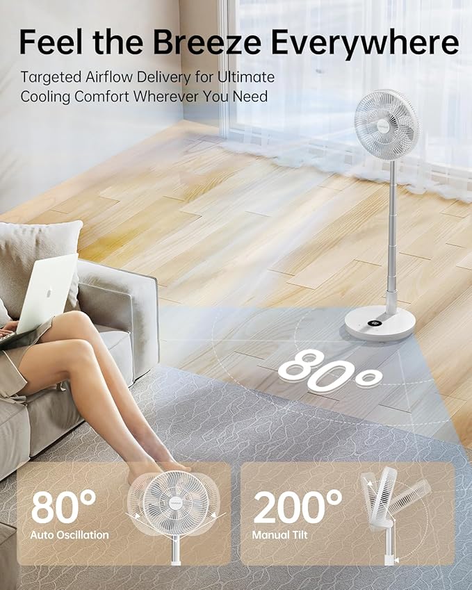 Oscillating Fan Portable Quiet Standing Fan with Remote, 12" Rechargeable Pedestal Fans for Bedroom Office, Foldable Battery