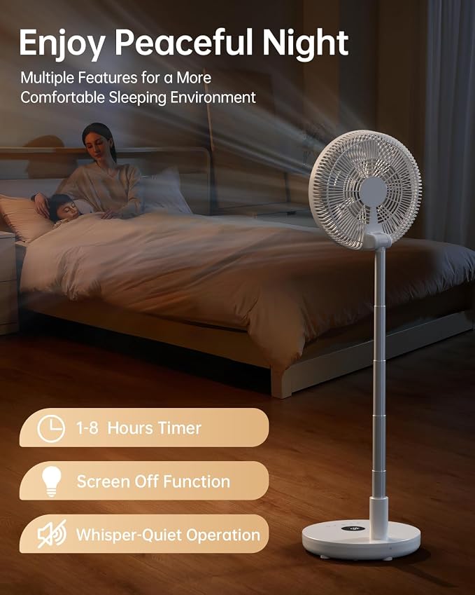 Oscillating Fan Portable Quiet Standing Fan with Remote, 12" Rechargeable Pedestal Fans for Bedroom Office, Foldable Battery