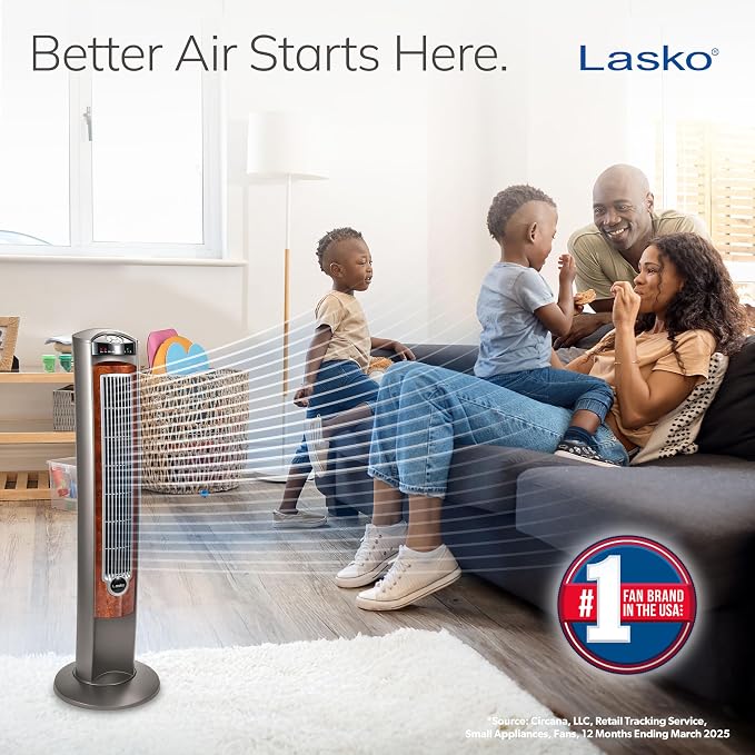 Oscillating Tower Fan with Remote, Quiet Floor Fans for Bedroom, 42", Woodgrain and Grey, T42954, alternate product view 2