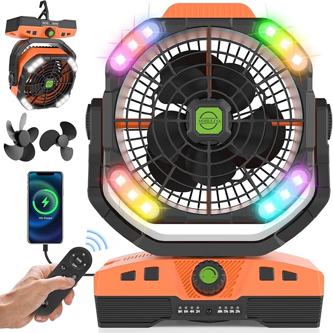 Oscillation Camping Fan with LED Lantern, 20000mAh Rechargeable Battery Operated Outdoor Tent Fan w/Hanging