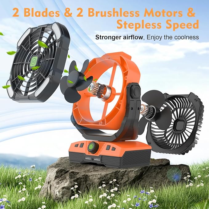 Oscillation Camping Fan with LED Lantern, 20000mAh Rechargeable Battery Operated Outdoor Tent Fan w/Hanging, alternate view 2