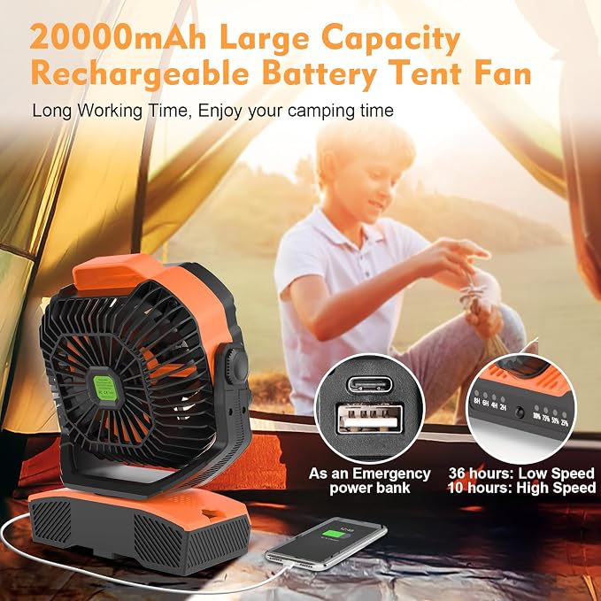 Oscillation Camping Fan with LED Lantern, 20000mAh Rechargeable Battery Operated Outdoor Tent Fan w/Hanging, alternate view 3