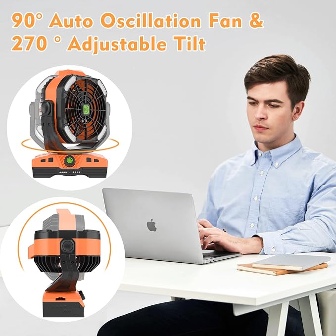 Oscillation Camping Fan with LED Lantern, 20000mAh Rechargeable Battery Operated Outdoor Tent Fan w/Hanging, alternate view 4