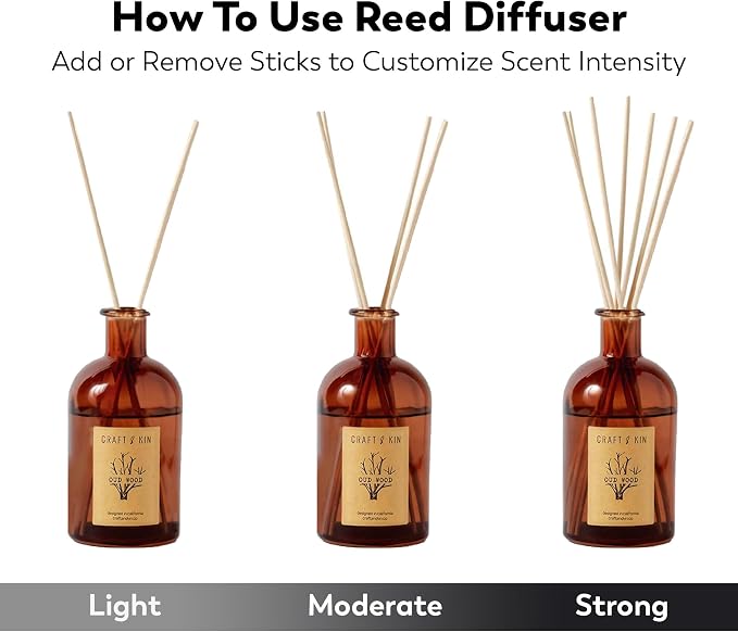 Oud Wood Diffuser Reed Diffuser | All Natural Essential Oil & 8 Rattan Scent Sticks | Reed Diffusers for Home, alternate