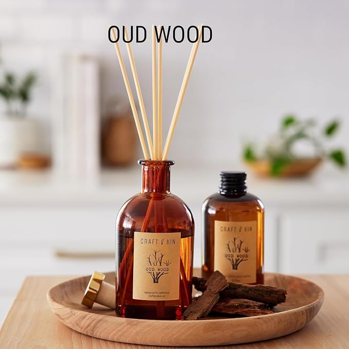 Oud Wood Diffuser Reed Diffuser | All Natural Essential Oil & 8 Rattan Scent Sticks | Reed Diffusers for Home, alternate