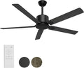 Outdoor Ceiling Fan No Light, 52'' Black Ceiling Fan with Remote, Noiseless, Reversible, 5 Blades for Patio/Living