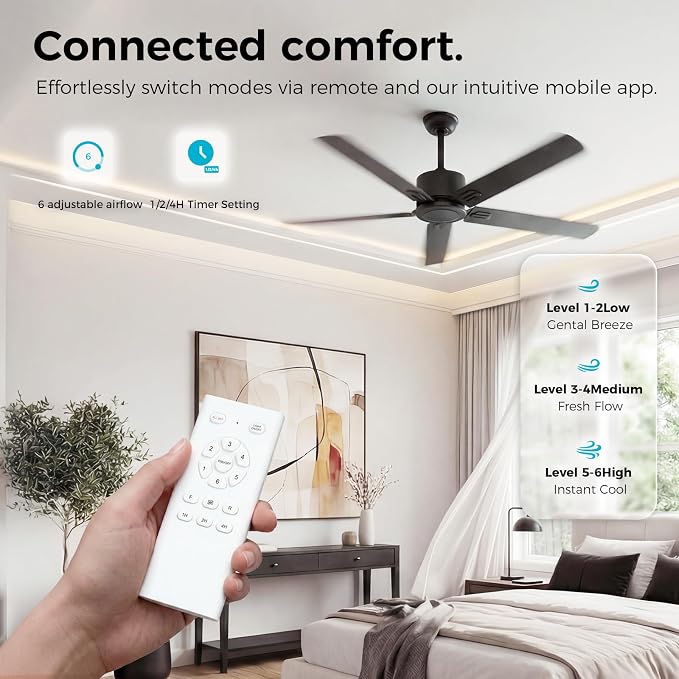 Outdoor Ceiling Fan No Light, 52'' Black Ceiling Fan with Remote, Noiseless, Reversible, 5 Blades for Patio/Living