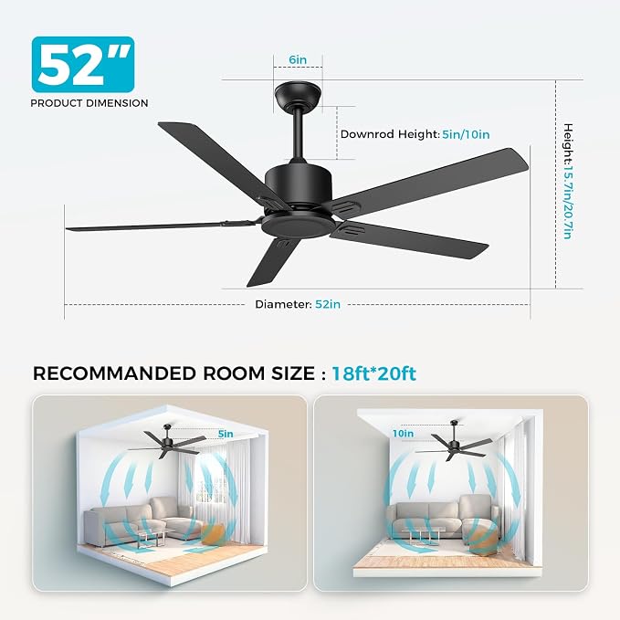 Outdoor Ceiling Fan No Light, 52'' Black Ceiling Fan with Remote, Noiseless, Reversible, 5 Blades for Patio/Living