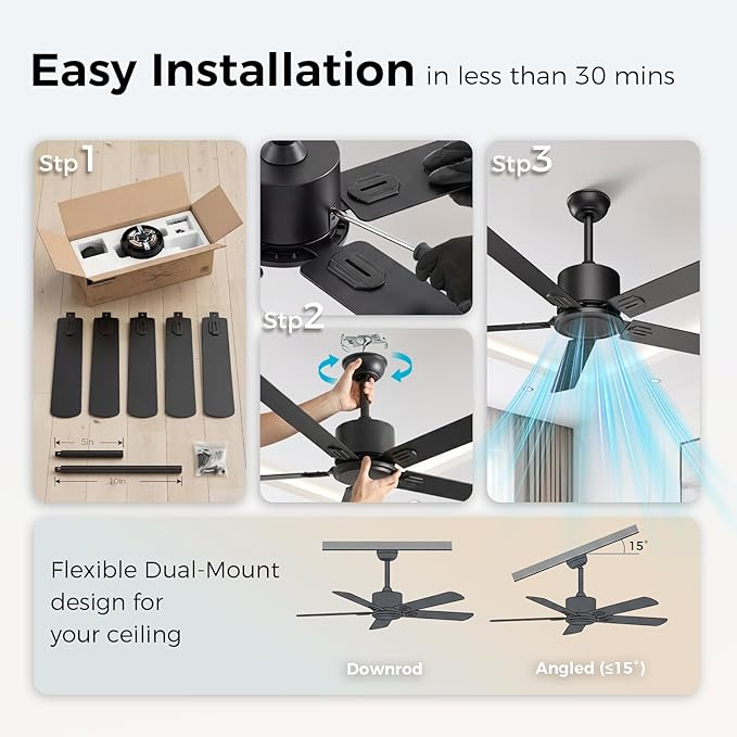 Outdoor Ceiling Fan No Light, 52'' Black Ceiling Fan with Remote, Noiseless, Reversible, 5 Blades for Patio/Living