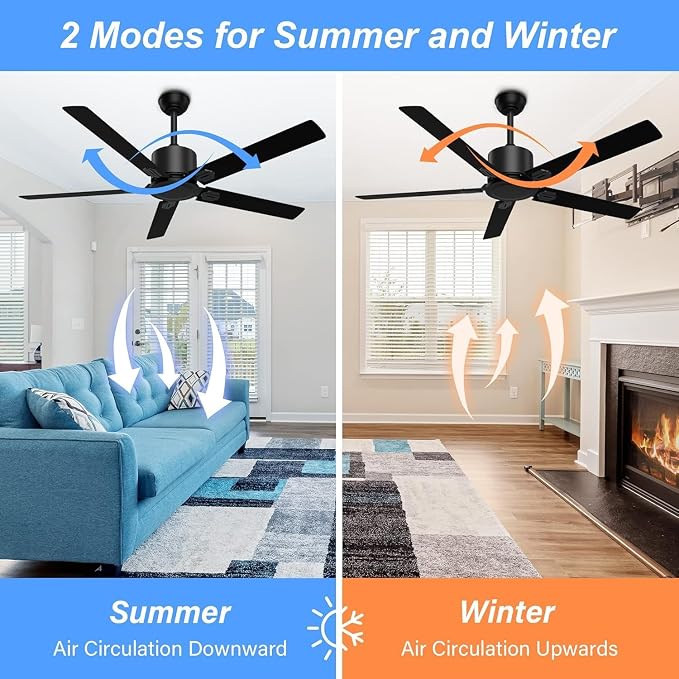 Outdoor Ceiling Fan No Light, 52'' Black Ceiling Fan with Remote, Noiseless, Reversible, 5 Blades for Patio/Living