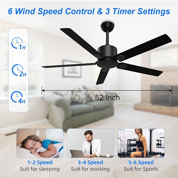 Outdoor Ceiling Fan No Light, 52'' Black Ceiling Fan with Remote, Noiseless, Reversible, 5 Blades for Patio/Living