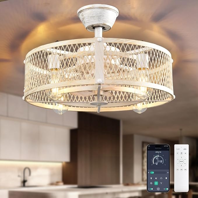 Outdoor Ceiling Fan with Light: 20" Caged Ceiling Fans with Remote App Control for Patio Kitchen Bedroom - Farmhouse
