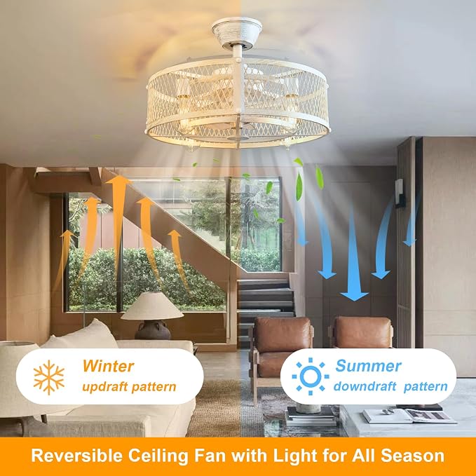 Outdoor Ceiling Fan with Light: 20" Caged Ceiling Fans with Remote App Control for Patio Kitchen Bedroom - Farmhouse