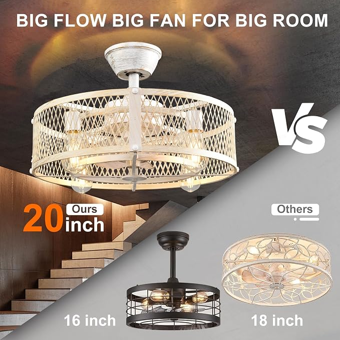 Outdoor Ceiling Fan with Light: 20" Caged Ceiling Fans with Remote App Control for Patio Kitchen Bedroom - Farmhouse